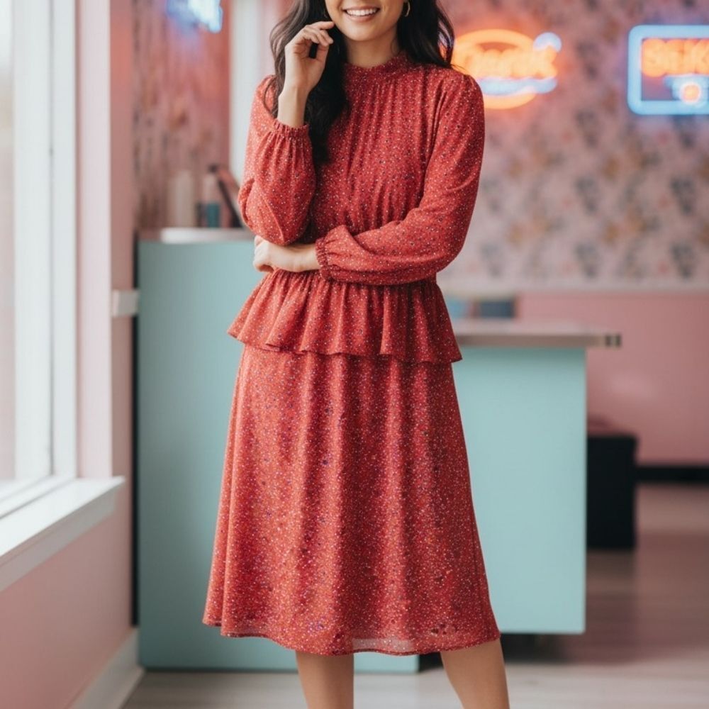 Vintage Antels Red Long Sleeve Flounce Waist Dress